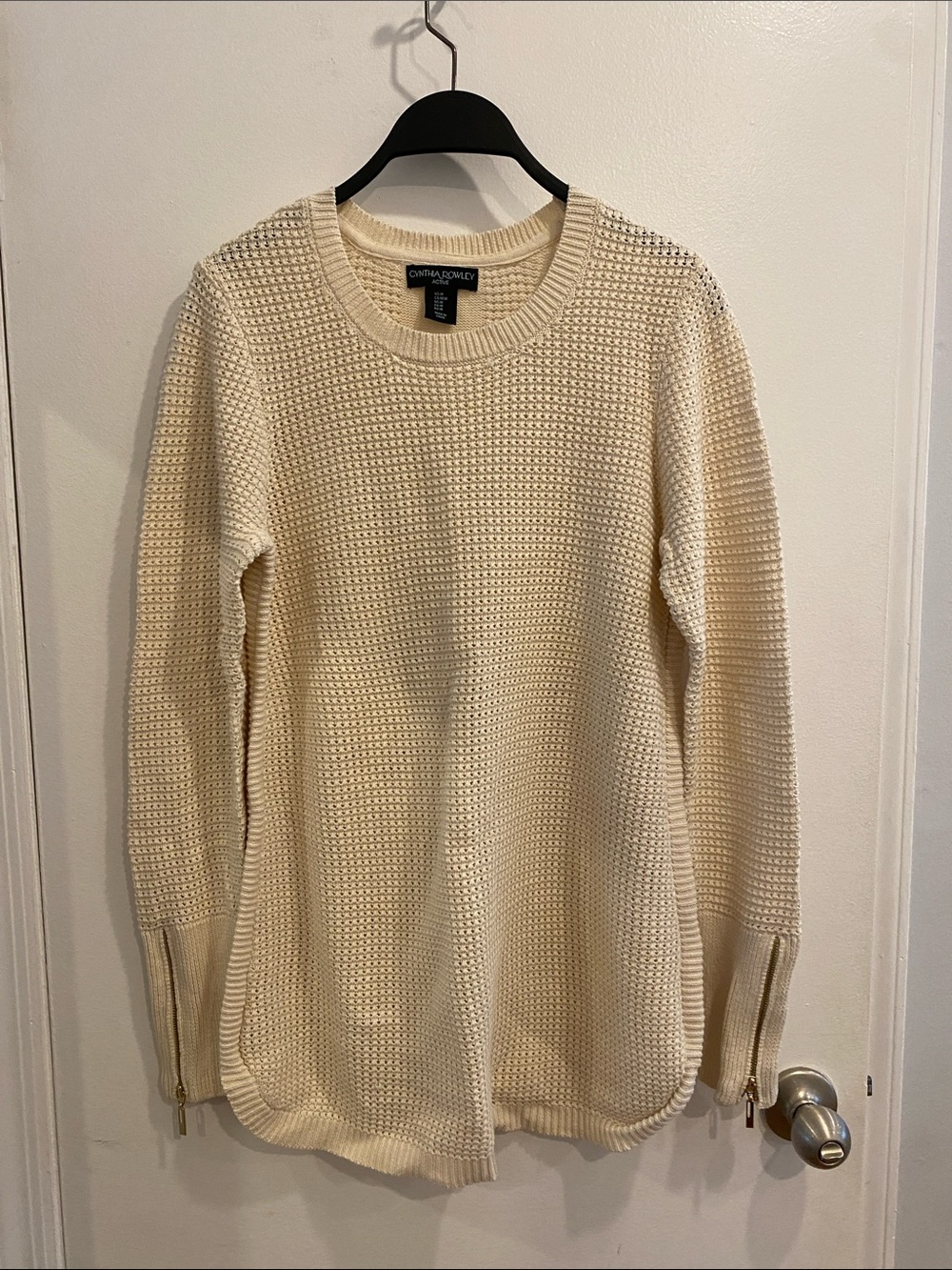 Caslon Cream Textured Crewneck Sweater with Zip Cuffs